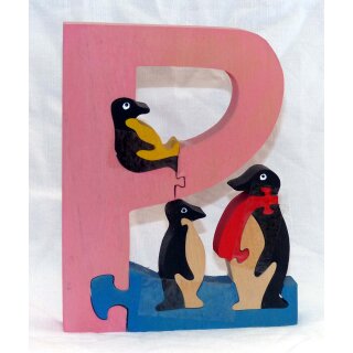 Holz-P mit 3 Pinguinen